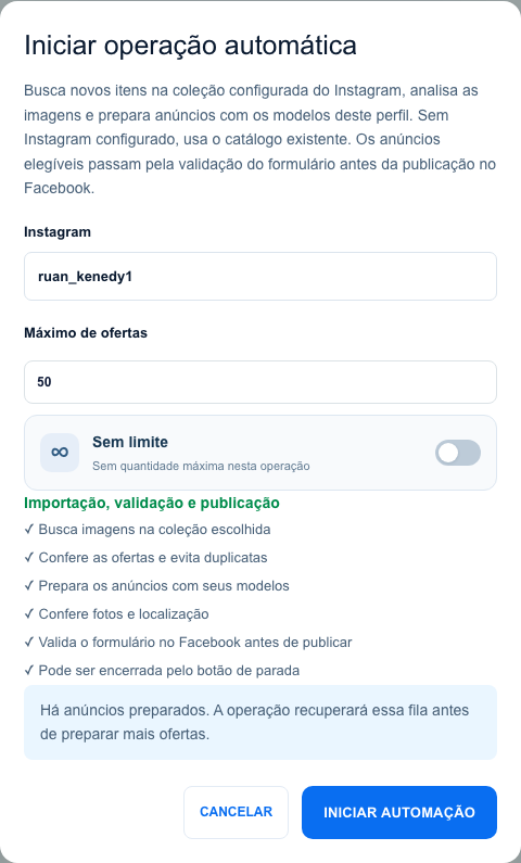 Formulário original para iniciar uma operação automática no PostaMais, com Instagram e máximo de ofertas.